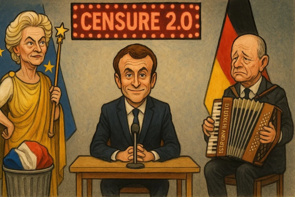 Emmanuel Macron en interview sans drapeau français, décoré seulement de drapeaux européen et allemand.
