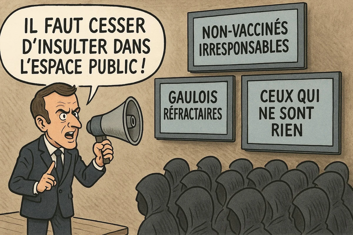 Caricature de Macron dénonçant la fatigue démocratique, entouré d’écrans affichant ses propres insultes.