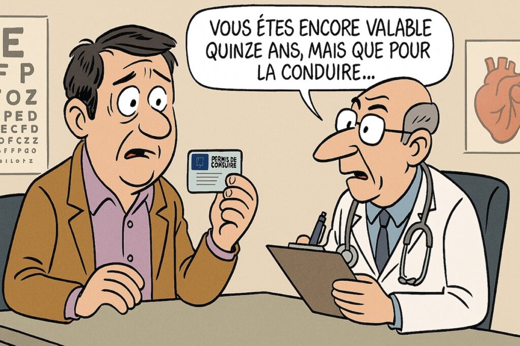 Conducteur européen devant un médecin, serrant son permis comme un dossier médical.
