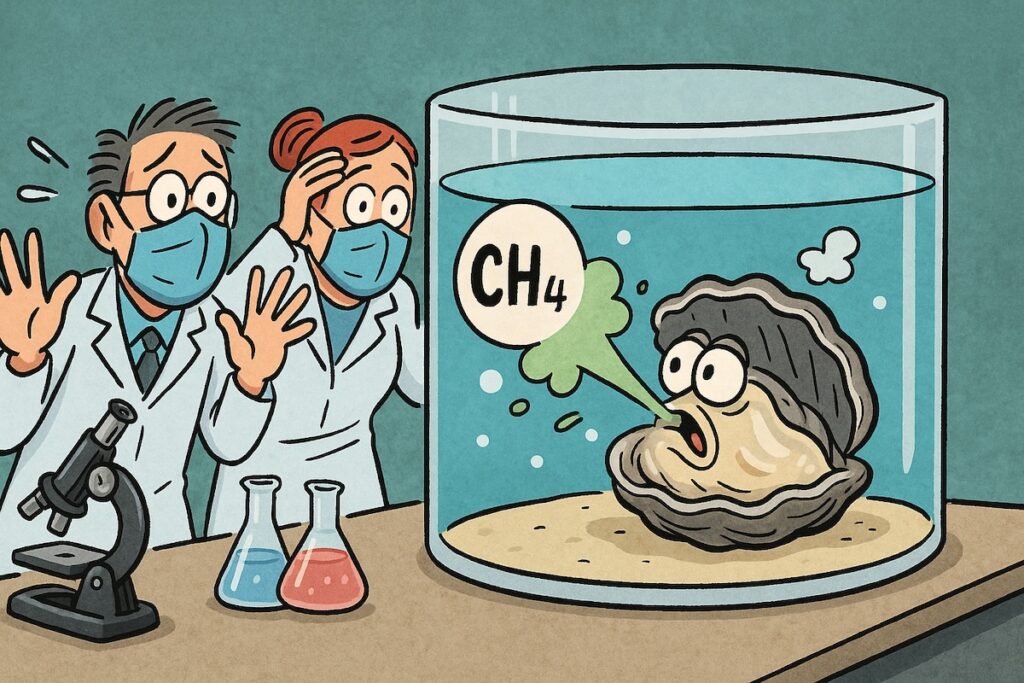 Caricature d’une huître avec un masque à gaz émettant une bulle de méthane sous l’eau