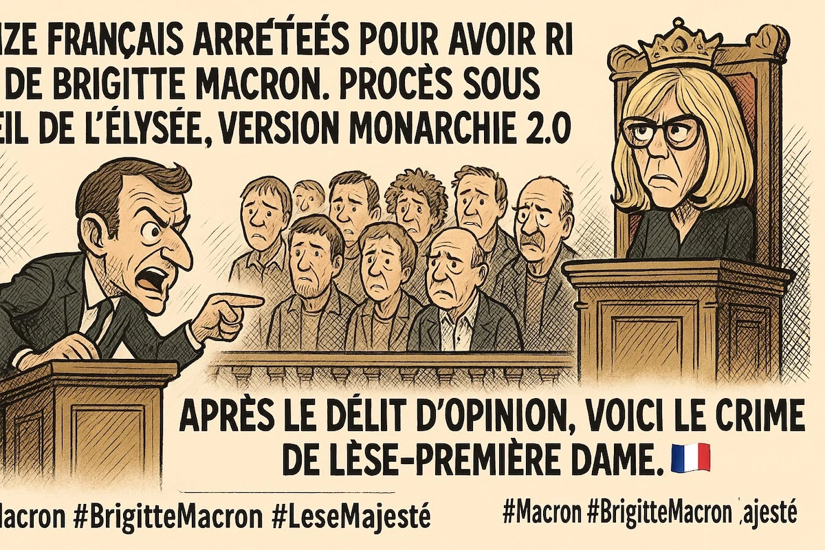 Caricature d’Emmanuel et Brigitte Macron en mode roi et reine, observant des citoyens jugés pour moqueries.
