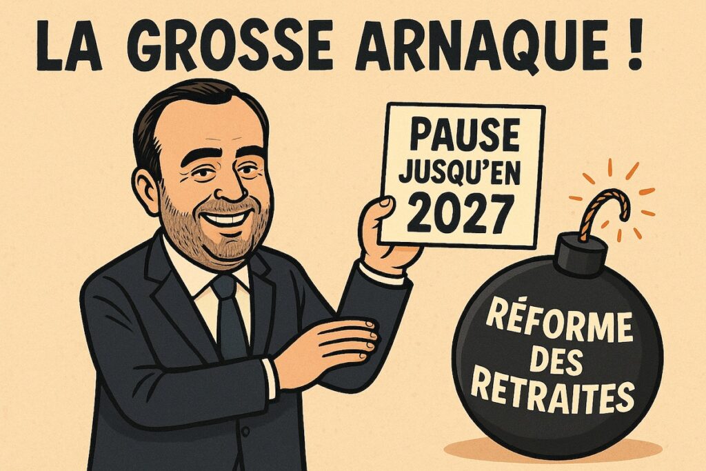 Sébastien Lecornu tenant un panneau “Pause jusqu’en 2027” devant une bombe étiquetée “Réforme des retraites”.