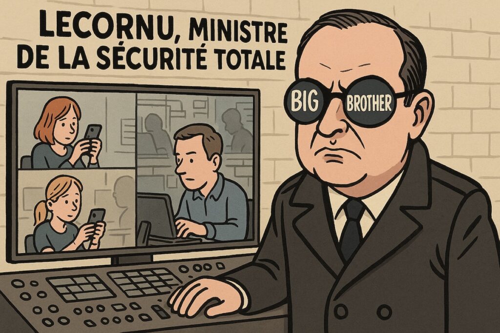 Caricature de Lecornu déguisé en Big Brother, observant un écran géant rempli de citoyens connectés.