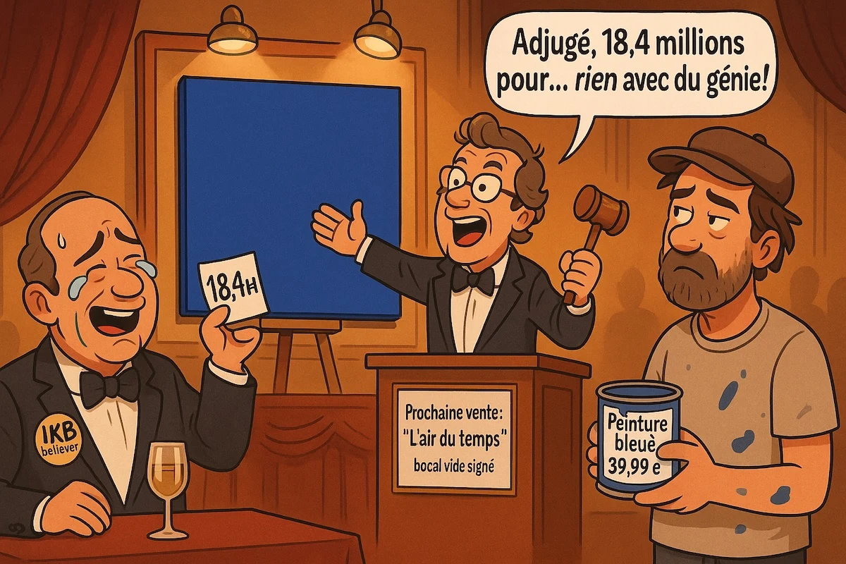 Caricature humoristique d’une vente aux enchères d’un carré bleu d’art contemporain vendu 18,4 millions d’euros, avec un commissaire-priseur exalté, un collectionneur ravi, et un peintre perplexe tenant un pot de peinture bon marché.
