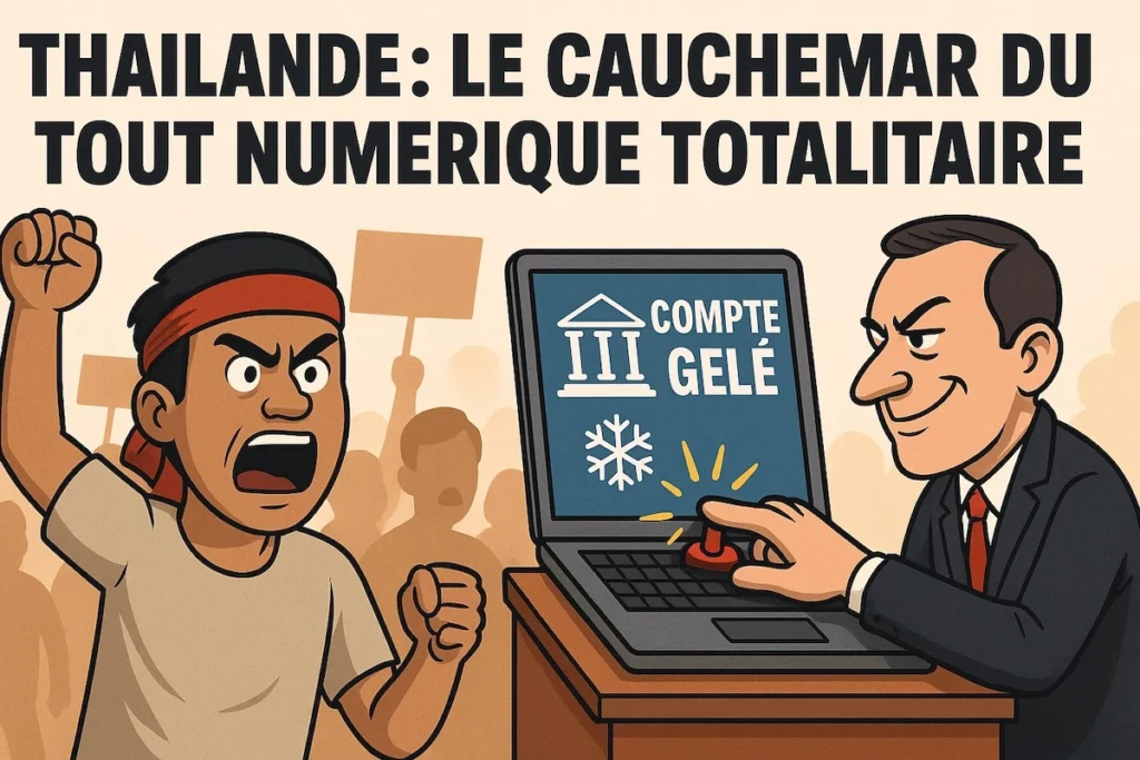 Foule en Thaïlande protestant après le gel de millions de comptes bancaires, symbole d’un contrôle numérique totalitaire
