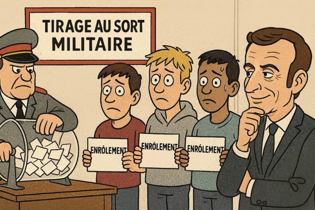 Caricature d’un tirage au sort militaire en Allemagne, avec Macron observant la scène d’un air inspiré.