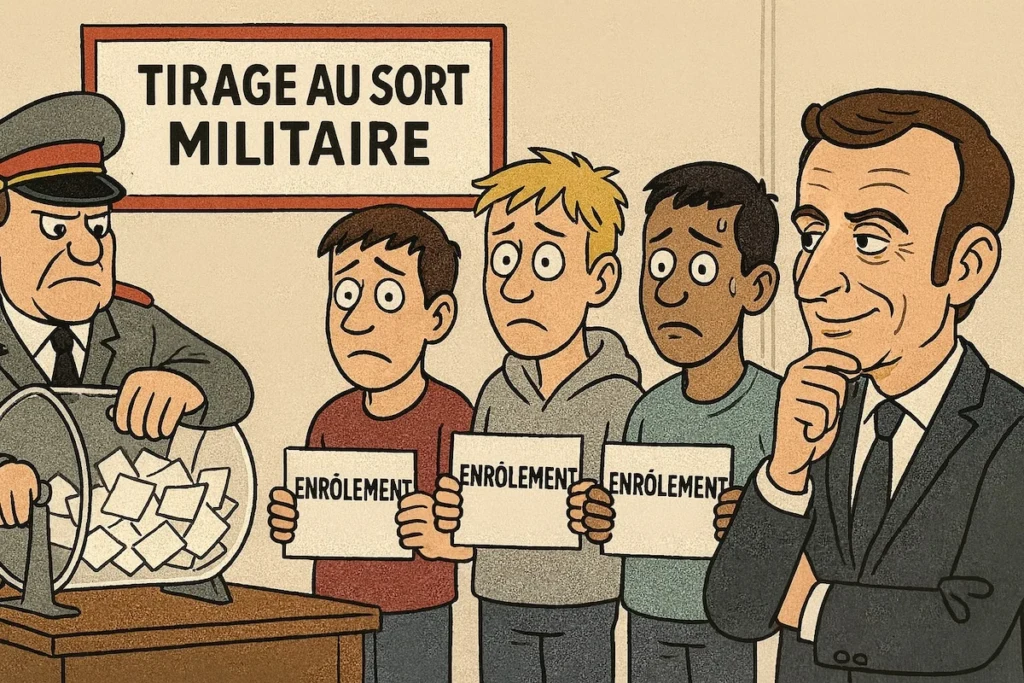Caricature d’un tirage au sort militaire en Allemagne, avec Macron observant la scène d’un air inspiré.