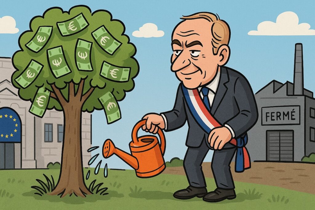 “Caricature d’un ministre français arrosant un arbre à Bruxelles avec des billets pendant qu’une usine ferme derrière lui.”