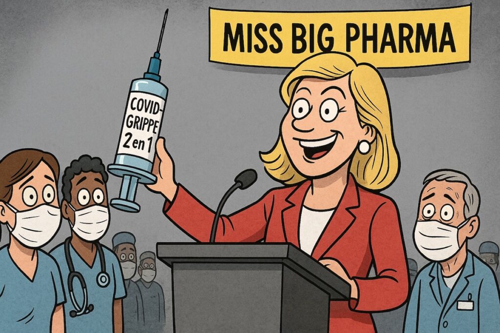 Caricature de Miss Big Pharma brandissant une seringue “Covid-Grippe 2-en-1” sous les applaudissements de soignants épuisés.