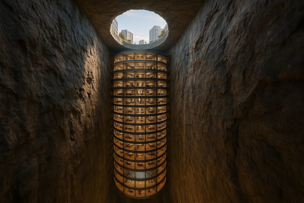 Illustration d’une ville souterraine futuriste en 2050 avec gratte-ciel inversés et tunnels urbains