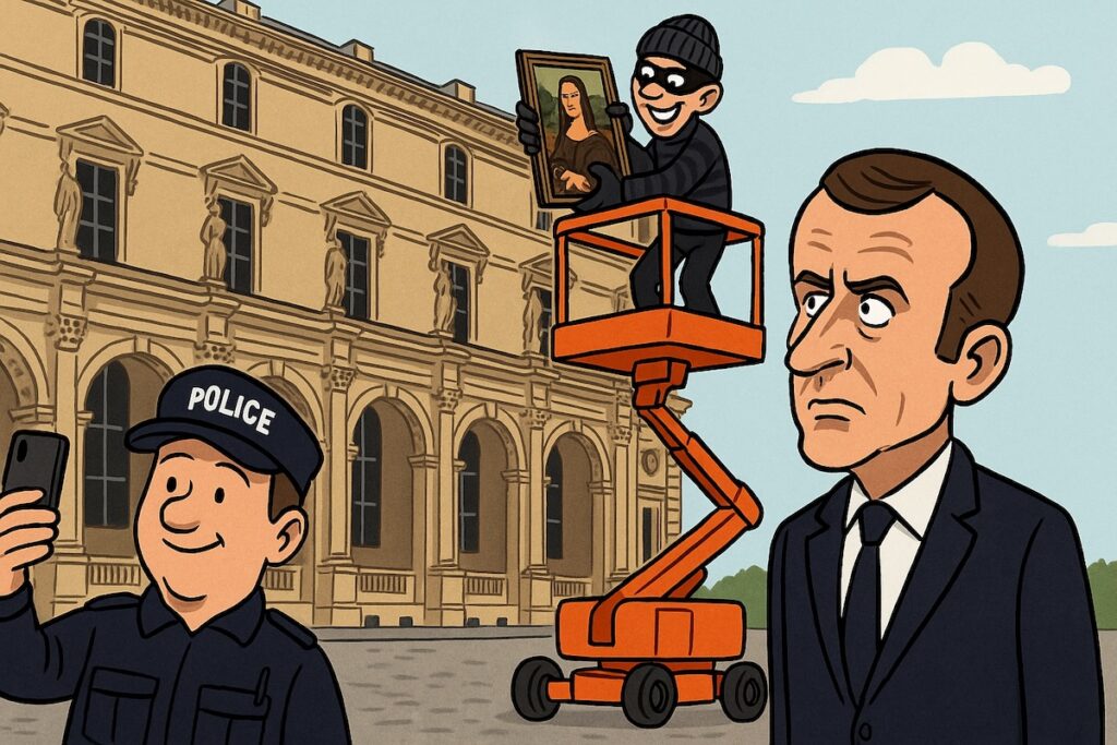 Caricature d’un voleur en nacelle devant le Louvre, pendant que l’État regarde ailleurs