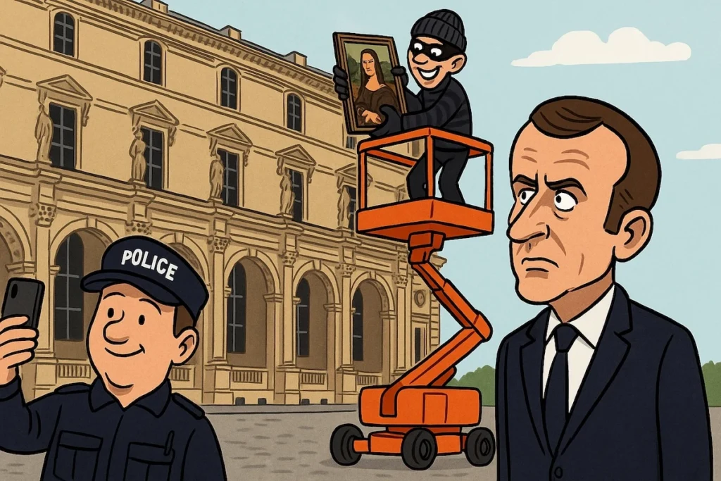 Caricature d’un voleur en nacelle devant le Louvre, pendant que l’État regarde ailleurs