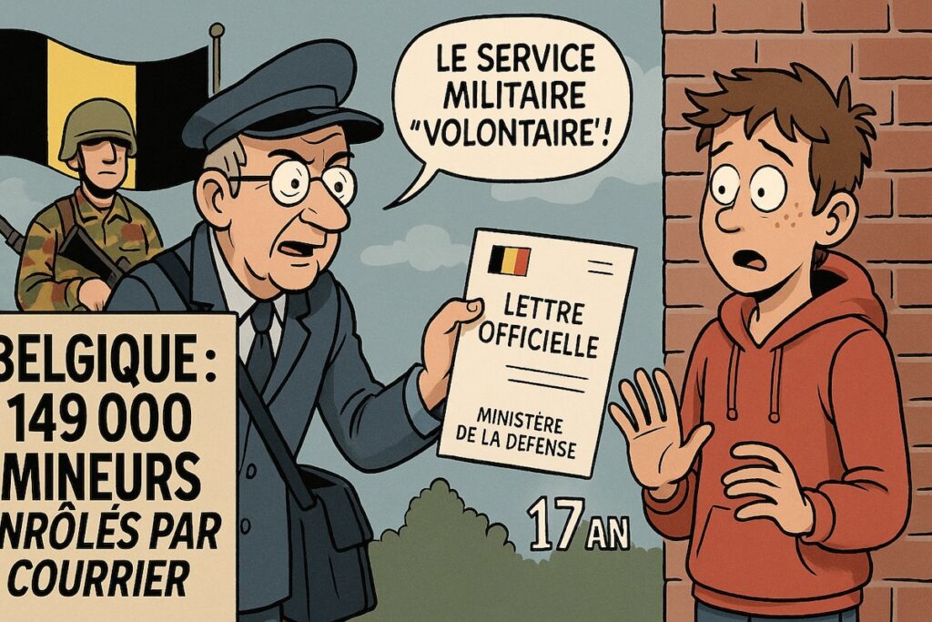 Lettre officielle belge tendue à un adolescent, drapeau belge et soldat en arrière-plan, ton satirique.