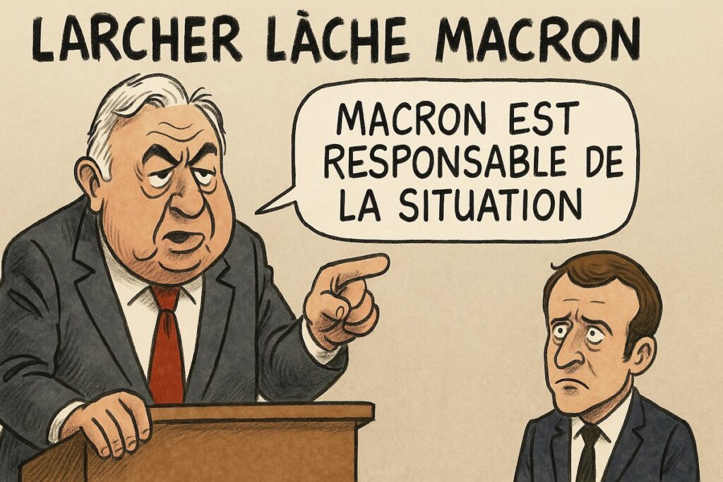 Caricature de Gérard Larcher quittant Macron isolé sur un radeau “Budget 2025”, pendant que Roland Lescure tente de calmer la tempête.