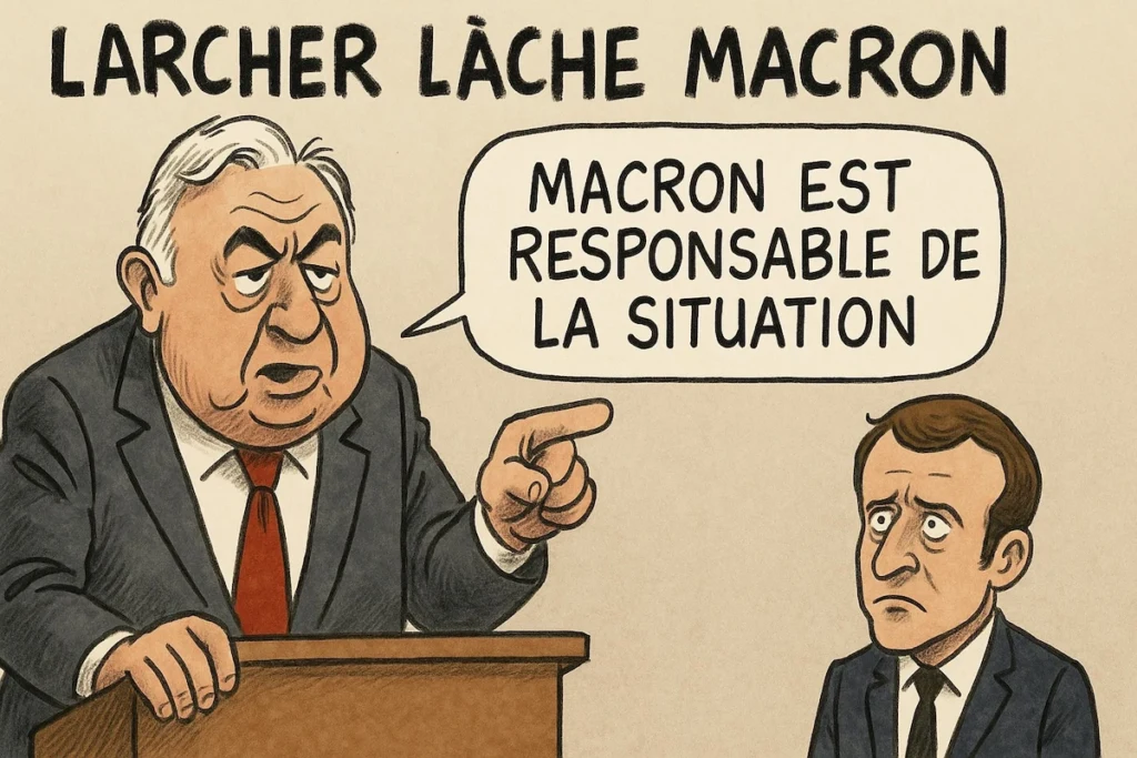 Caricature de Gérard Larcher quittant Macron isolé sur un radeau “Budget 2025”, pendant que Roland Lescure tente de calmer la tempête.