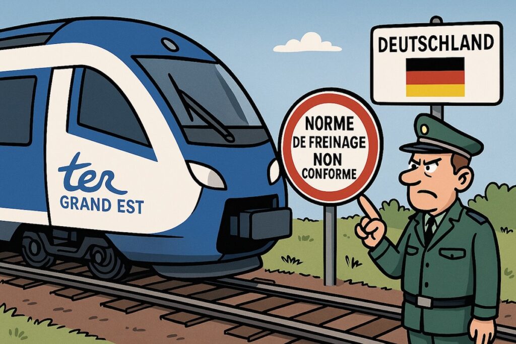 Train TER transfrontalier bloqué à la frontière franco-allemande avec un panneau “Norme de freinage non conforme”, satire sur les normes européennes.
