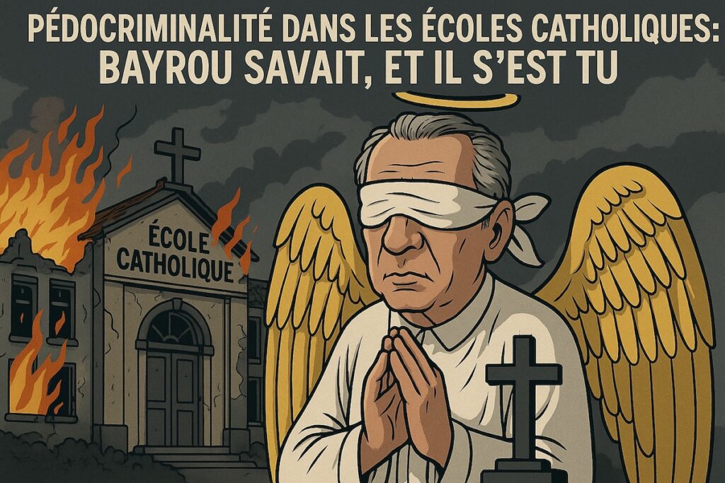 François Bayrou caricaturé en ange aux yeux bandés devant une école catholique en ruine