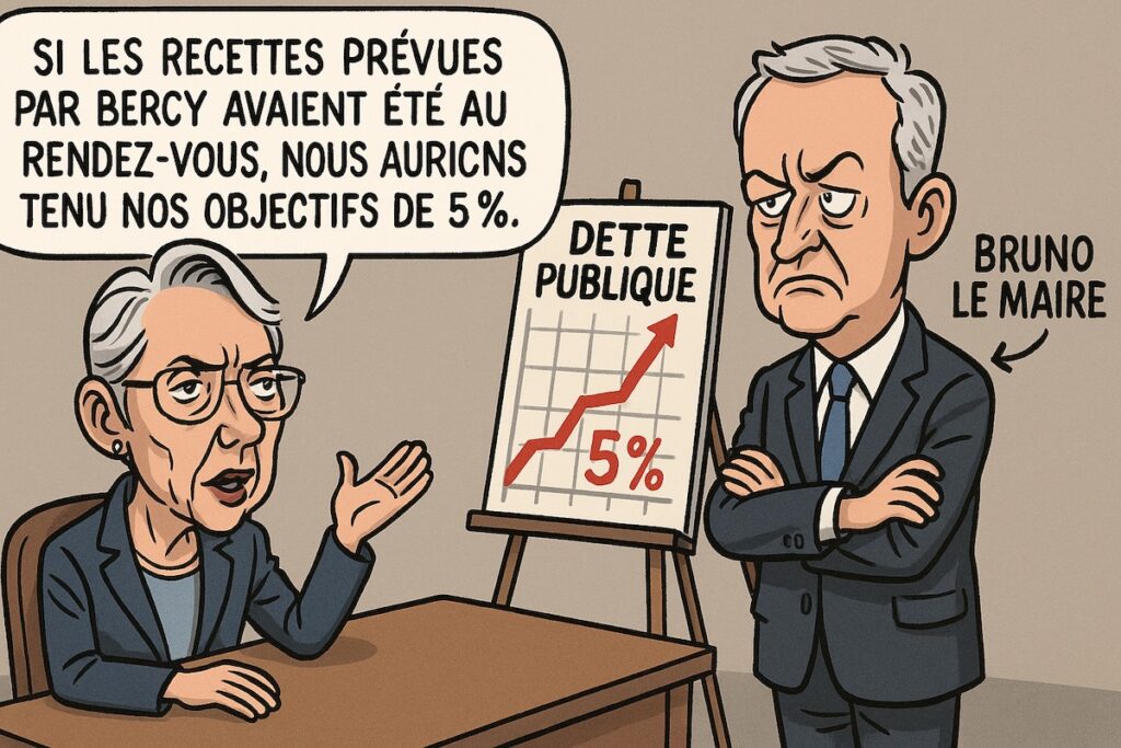 Caricature satirique d’Élisabeth Borne et Bruno Le Maire débattant du déficit public à 5 %, avec un graphique montrant la dette en hausse.