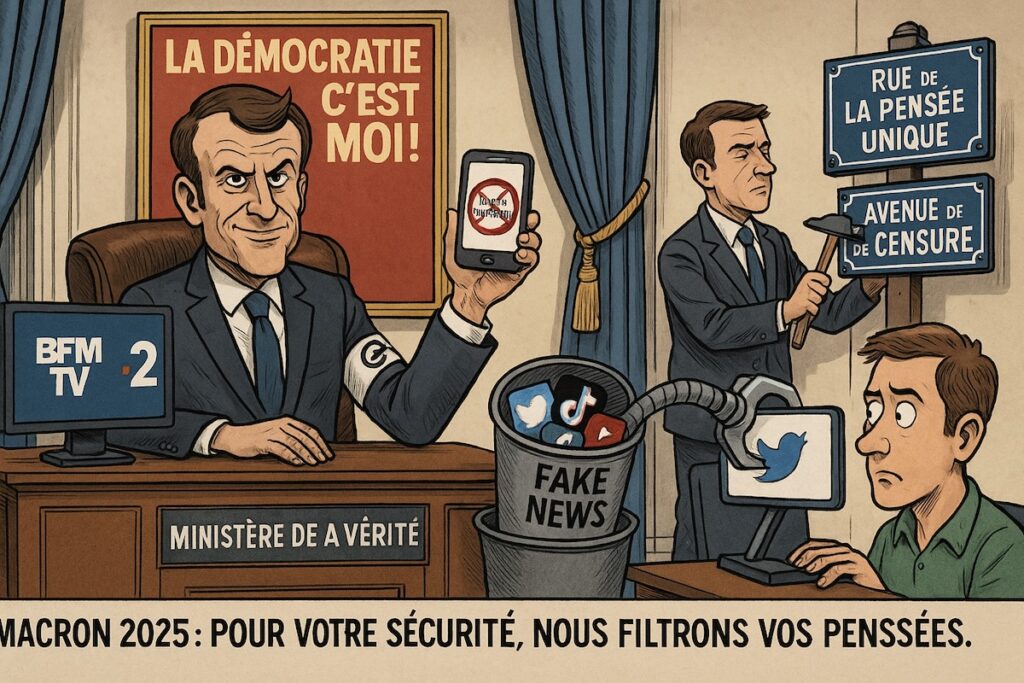 Emmanuel Macron brandissant un smartphone barré du mot “Liberté d’expression”