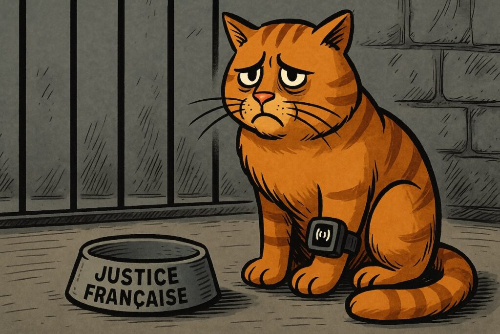 Caricature d’un chat roux en prison, portant un bracelet électronique et tenant une gamelle marquée « Justice française ».