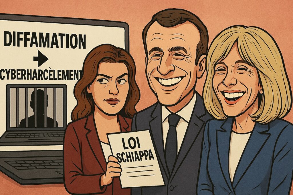Caricature satirique représentant Emmanuel et Brigitte Macron riant aux éclats, tandis que Marlène Schiappa tient une feuille intitulée « Loi Schiappa ». En arrière-plan, un écran d’ordinateur montre un passage de « diffamation » à « cyberharcèlement » avec une silhouette derrière les barreaux, symbolisant la censure et la fin de la liberté de la presse en France.