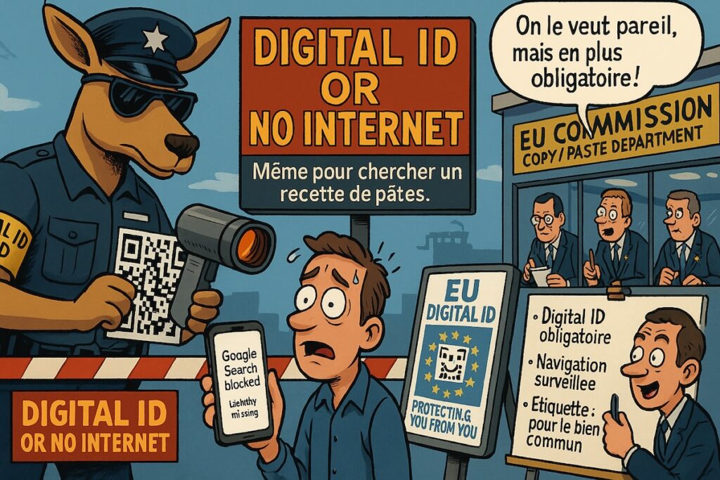 Australie impose un Digital ID pour naviguer sur Internet. L’Europe suit-elle ? Analyse sarcastique par Politicothon/Madame-Raleuse.