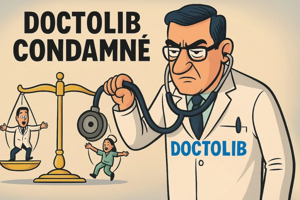 Caricature de Doctolib en médecin géant manipulant les professionnels de santé comme des marionnettes, sous le marteau de la justice.
