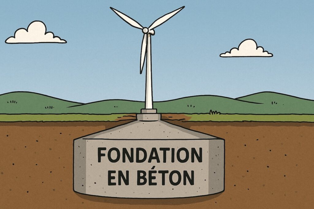 Caricature satirique d’une éolienne géante reposant sur une énorme fondation en béton enterrée.