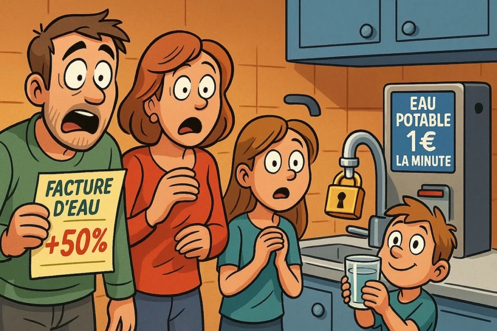 Dans une cuisine française, une famille regarde leur facture d’eau affichant “+50 %” avec des yeux exorbités. Le robinet est équipé d’un cadenas doré. À côté, un distributeur façon “borne de péage” indique : “Eau potable : 1 € la minute”. L’enfant tient un verre d’eau comme s’il portait une coupe trophée de luxe. Ambiance satirique, couleurs vives, style BD humoristique, format 16:9.