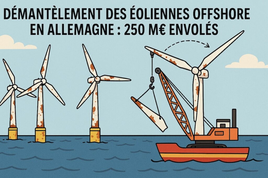 Éoliennes offshore Alpha Ventus en Allemagne, rouillées et prêtes au démantèlement après un coût de 250 millions d’euros.