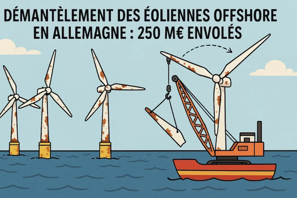 Éoliennes offshore Alpha Ventus en Allemagne, rouillées et prêtes au démantèlement après un coût de 250 millions d’euros.