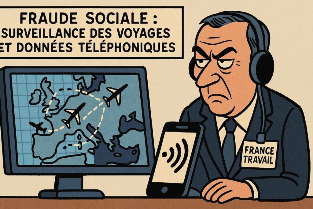 Caricature satirique montrant France Travail surveillant les voyages et données téléphoniques des allocataires
