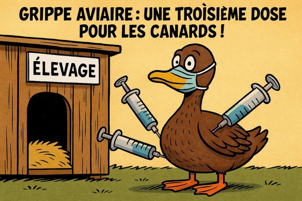 Canard vacciné avec trois seringues autour, portant un masque chirurgical, air désabusé.
