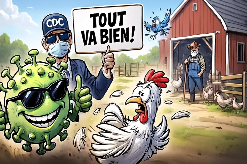 Caricature sarcastique sur le premier cas humain de grippe aviaire H5N5 aux États-Unis