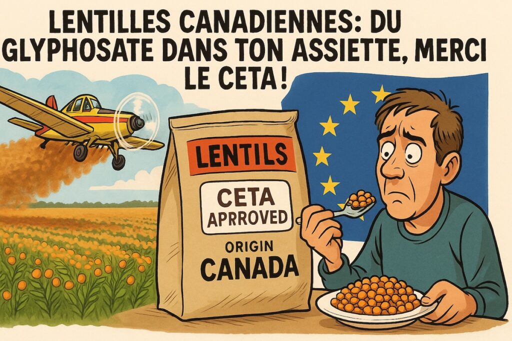 Avion pulvérisant des herbicides sur un champ de lentilles au Canada, avec un paquet “origine Canada” sur fond de drapeau européen.