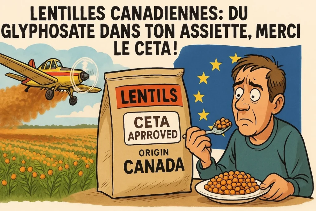 Avion pulvérisant des herbicides sur un champ de lentilles au Canada, avec un paquet “origine Canada” sur fond de drapeau européen.