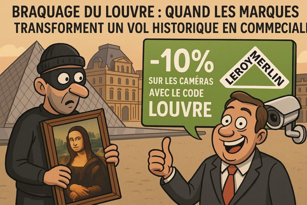Caricature humoristique représentant un voleur masqué tenant la Joconde devant la pyramide du Louvre, tandis qu’un commercial jovial de Leroy Merlin fait un pouce levé à côté d’une caméra de surveillance. Une bulle verte affiche : “–10 % sur les caméras avec le code LOUVRE”. Le dessin dénonce le cynisme du marketing exploitant un vol historique.