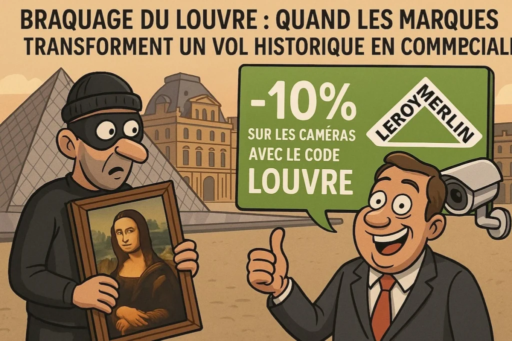 Caricature humoristique représentant un voleur masqué tenant la Joconde devant la pyramide du Louvre, tandis qu’un commercial jovial de Leroy Merlin fait un pouce levé à côté d’une caméra de surveillance. Une bulle verte affiche : “–10 % sur les caméras avec le code LOUVRE”. Le dessin dénonce le cynisme du marketing exploitant un vol historique.