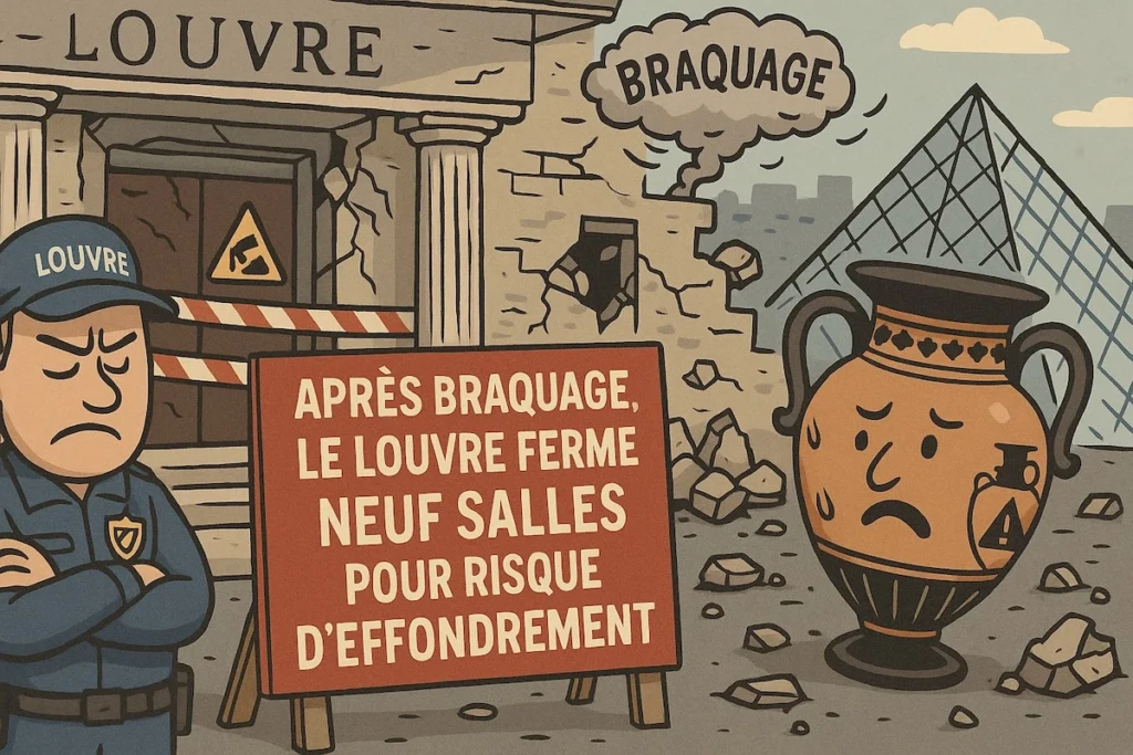 Caricature sarcastique du Louvre après braquage et fermeture de neuf salles pour risque d’effondrement