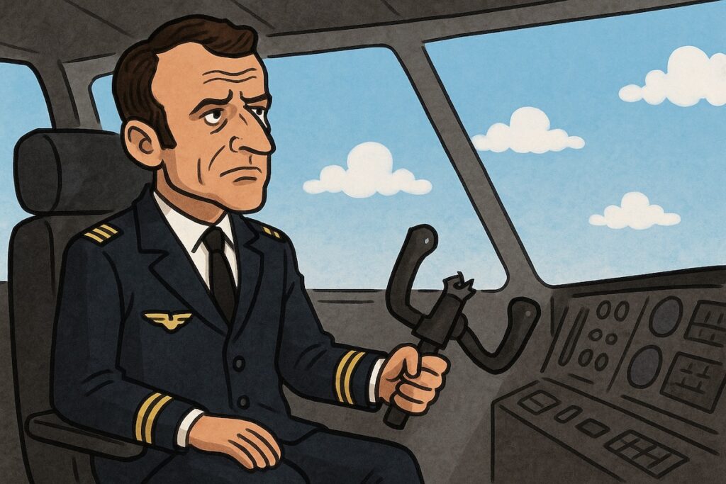 Caricature d’Emmanuel Macron pilote sans avion, seul au cockpit vide