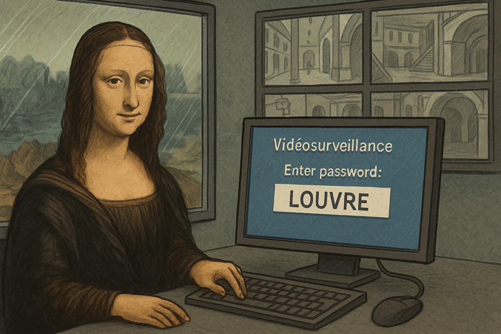 Panneau de vidéosurveillance du Louvre avec mot de passe “LOUVRE” affiché en clair