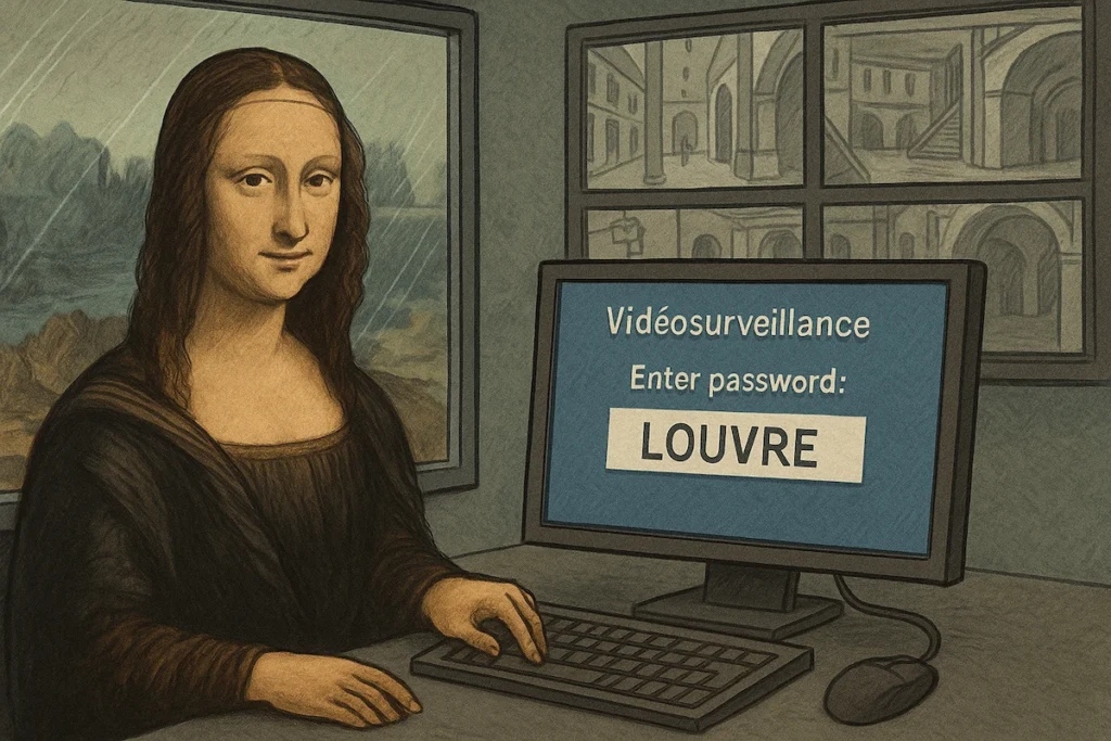 Panneau de vidéosurveillance du Louvre avec mot de passe “LOUVRE” affiché en clair