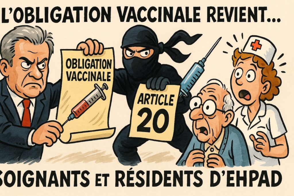 Caricature sarcastique de l’obligation vaccinale revenant par l’article 20 pour soignants et Ehpad
