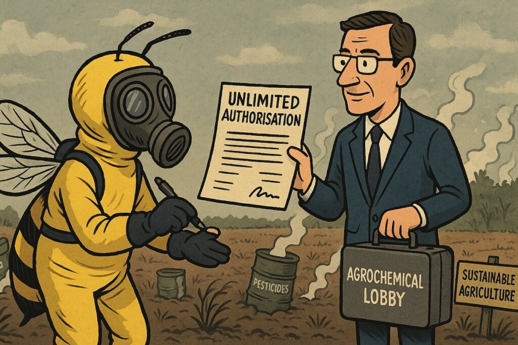 Caricature satirique montrant une abeille en combinaison anti-toxique face à un fonctionnaire européen autorisant les pesticides à vie.