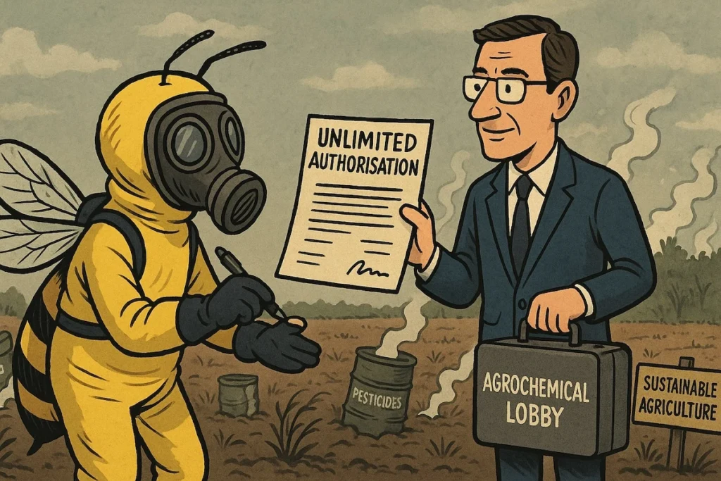 Caricature satirique montrant une abeille en combinaison anti-toxique face à un fonctionnaire européen autorisant les pesticides à vie.