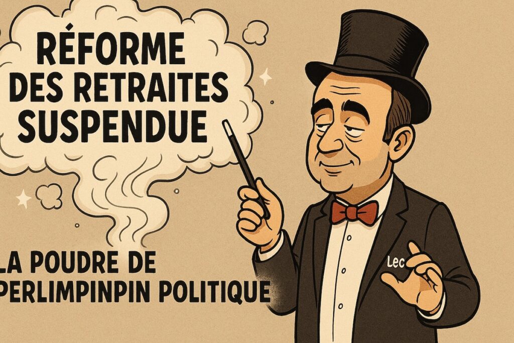 Caricature politique humoristique montrant Sébastien Lecornu déguisé en magicien, agitant une baguette devant un nuage de fumée portant l’inscription « Réforme des retraites suspendue – La poudre de perlimpinpin politique », symbolisant l’illusion et la manipulation du discours gouvernemental.