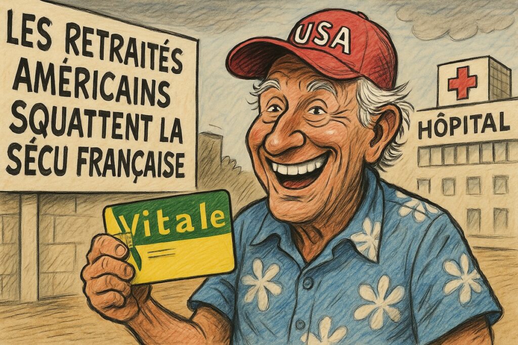 Retraité américain hilare brandissant une carte Vitale devant un hôpital français.