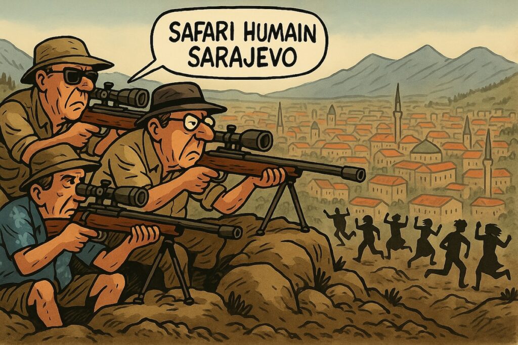Caricature sarcastique illustrant les “safari humains” présumés à Sarajevo, avec tireurs étrangers observant la ville assiégée.