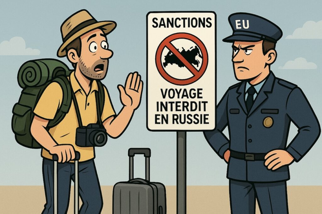 Caricature d’un touriste européen stoppé par un douanier de l’UE brandissant un panneau “Sanctions : voyage interdit en Russie”.