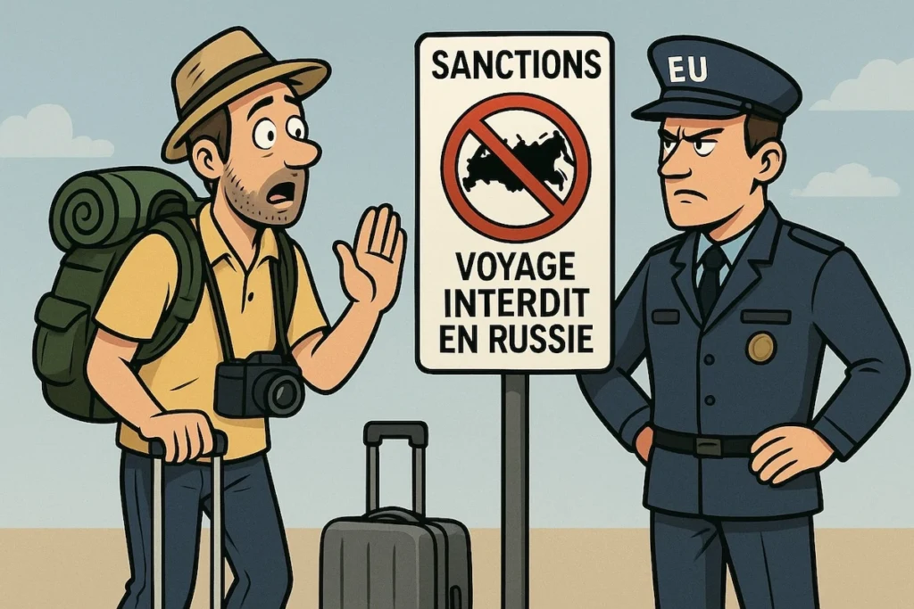 Caricature d’un touriste européen stoppé par un douanier de l’UE brandissant un panneau “Sanctions : voyage interdit en Russie”.